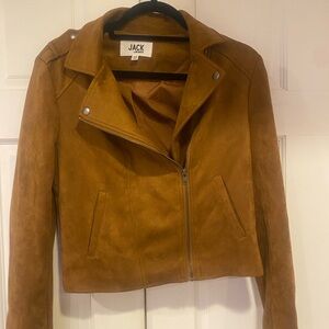 Microsuede caramel-colored Brando style jacket, hip-length.